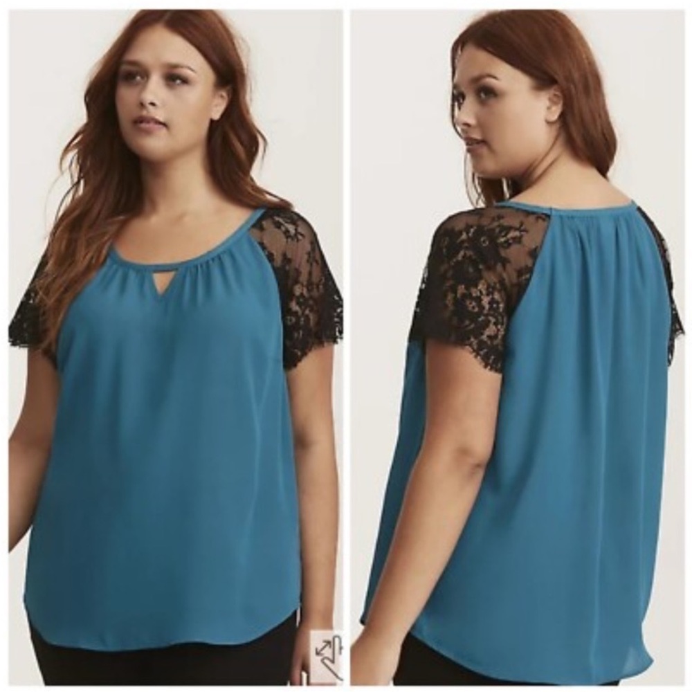 Torrid Turquoise Georgette Lace Sleeve Blouse - Picture 1 of 6